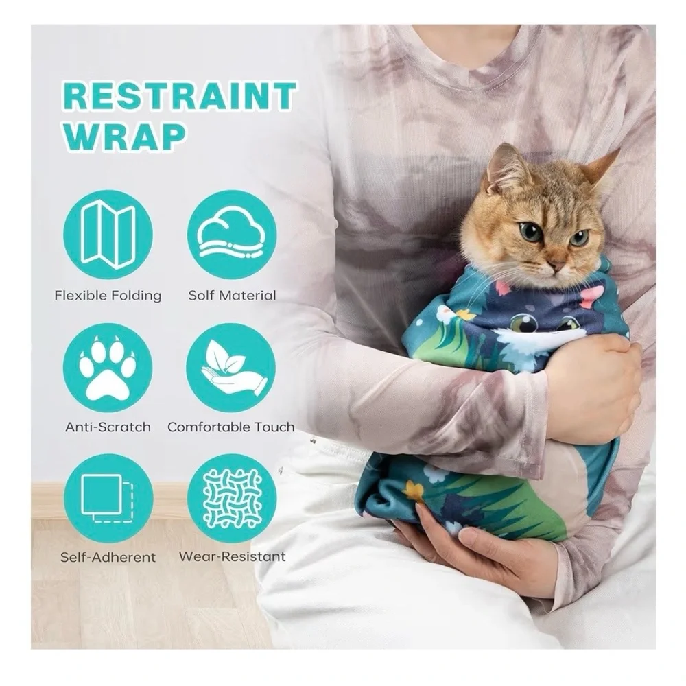 Pet Grooming Swaddle Blanket for Cats - Teal Cat Pattern XL